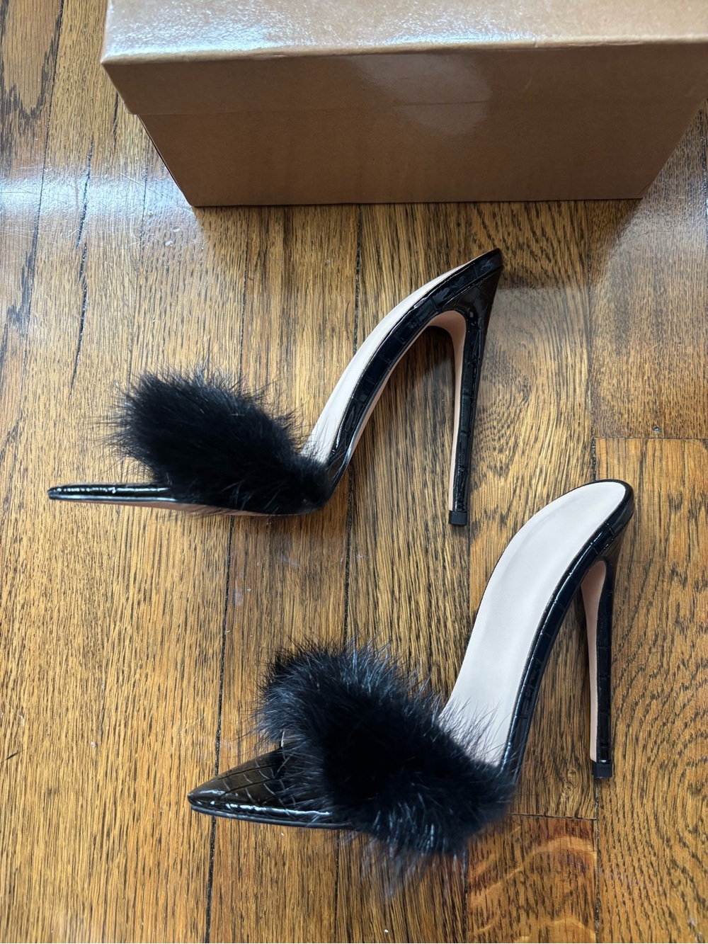 Faux Fur Black Slide Heels, Size 37. Unworn - Picture 2 of 5